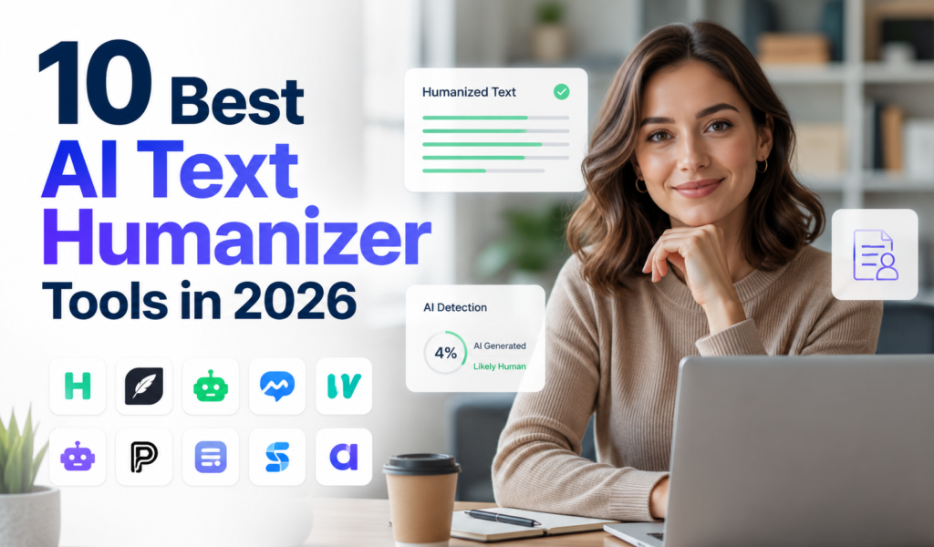 **Alt Text:** AI text humanizer tools dashboard showing AI-generated content being transformed into natural, human-like writing with the 10 best AI text humanizer tools for 2026.