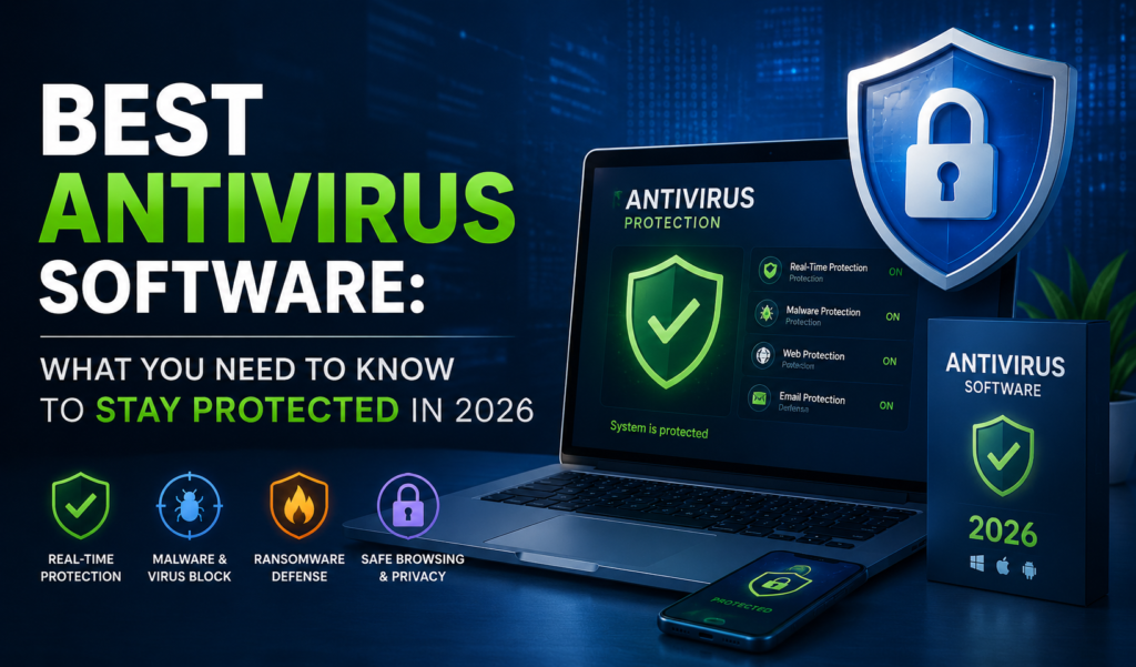 "Best antivirus software guide for 2026 featuring real-time protection, malware detection, ransomware defense, and cybersecurity tools."