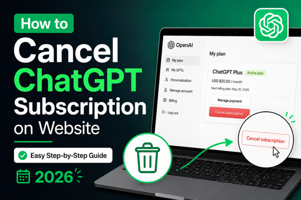 User following step-by-step instructions to cancel ChatGPT subscription on website using account settings dashboard.