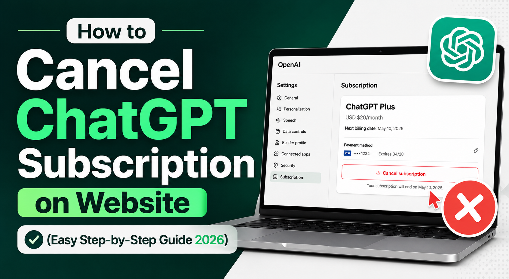 Thumbnail showing ChatGPT subscription cancellation on website with laptop, cancel button, and 2026 step-by-step guide text.