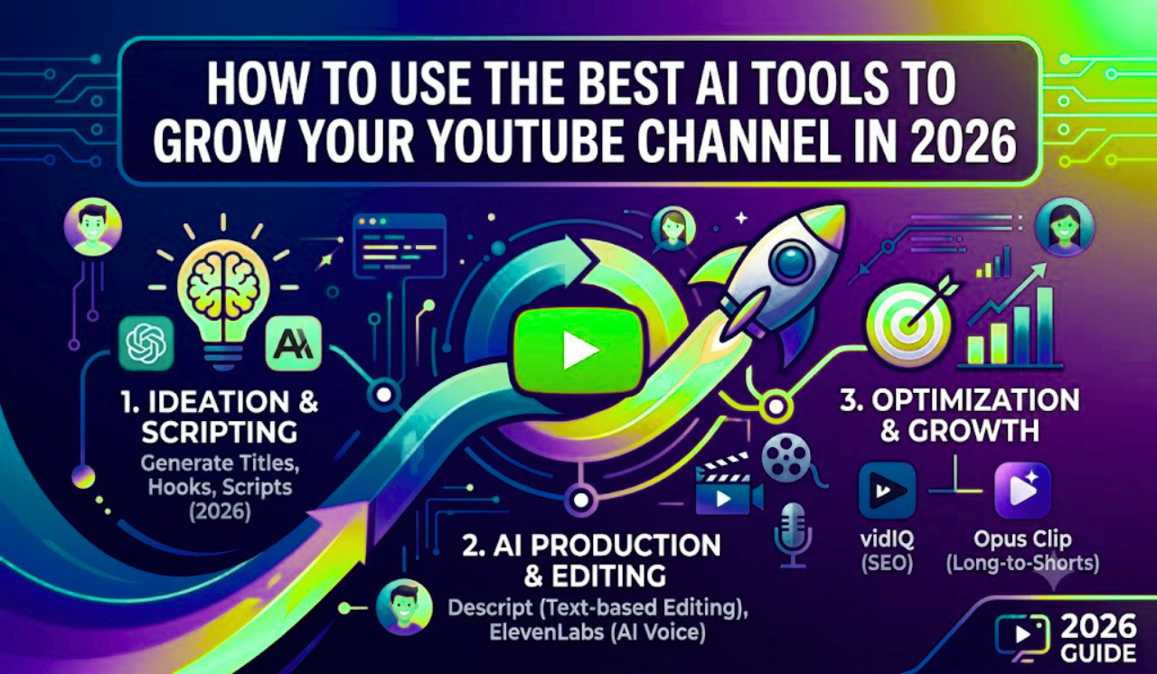 AI Production & Editing: Displays film reels, microphones, and mentions tools like Descript and Eleven Labs.