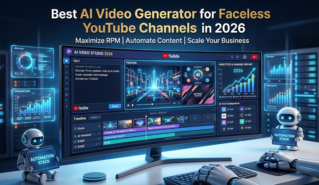 A laptop screen showing an AI video generator for faceless YouTube channels creating content from a text prompt.