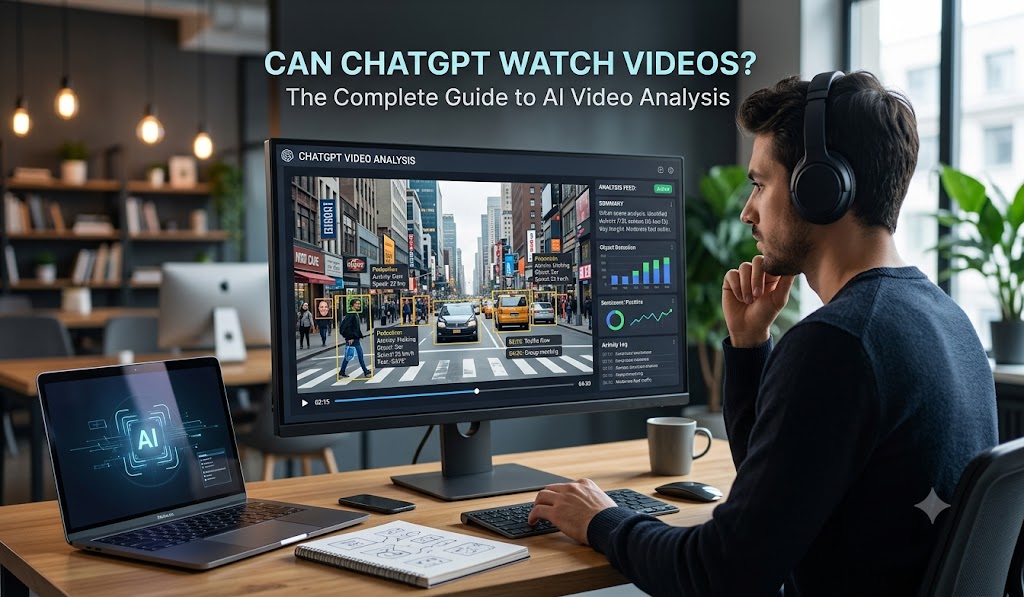 A man wearing headphones sitting at a desk using a computer with an AI video analysis interface on the screen, illustrating how ChatGPT can watch videos and track objects in real-time.