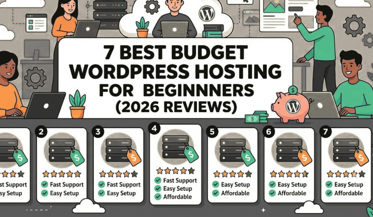 Comparison chart of the best budget WordPress hosting providers for beginners, featuring Bluehost, Hostinger, and DreamHost.