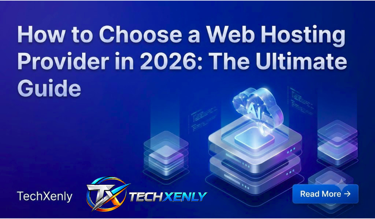 A clean, white background graphic titled "How to Choose a Web Hosting Provider in 2026: The Ultimate Guide," showing a visual comparison of server speeds, uptime guarantees, and security features. Option 4: Simple & Direct (Best for plain title cards) T